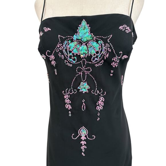 Vtg 90s Y2K Rimini Dress Black Beaded Sequin Sz 6 Iridescent Asymmetrical Hem - Picture 2 of 8